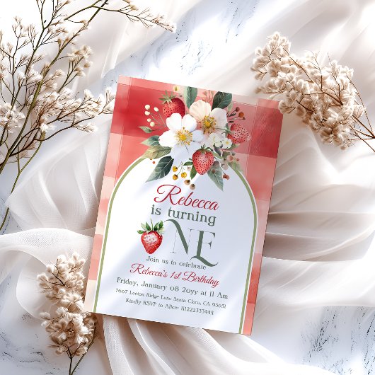 ルスティック レッド イチゴ ベリー ファースト 1歳 誕生日 招待状