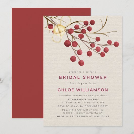 ルスティック レッド ファイア ベリー ブライダル シャワー 招待状 (正面/裏面)