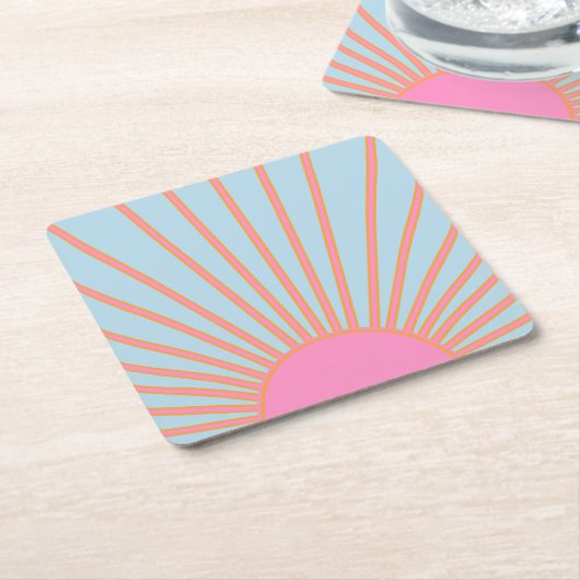 ルソレイユ02レトロサンピンクアンドブルーサンシャイン スクエアペーパーコースター (アングル)