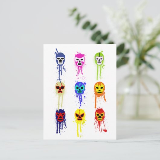 ルチャ・リブレ・マスク メキシカン・レスリング ペイント・ドリップ ポストカード (スタンド正面)