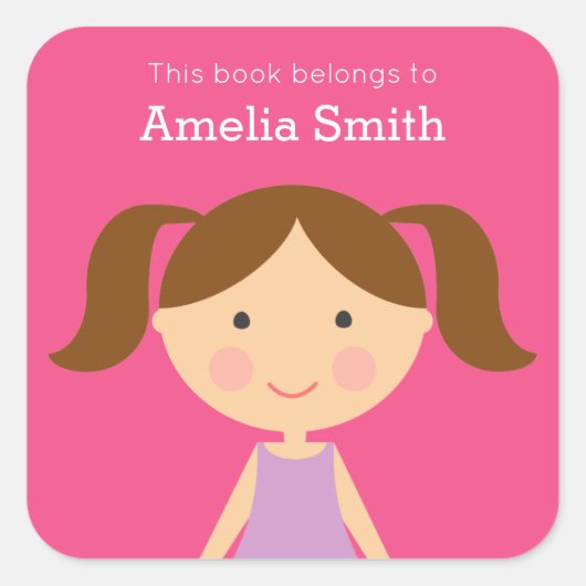 ルックアライスガールブルネットポニーテール蔵書票 スクエアシール (正面)