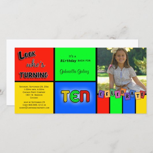 ルックカラフルウフスターニング10誕生日招待状 (正面/裏面)