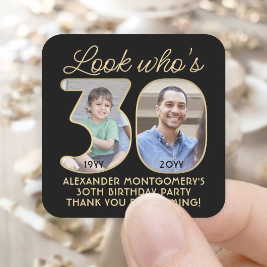 ルックフーズサーティブラックアンドゴールドバースデーパーティー2フォト スクエアシール