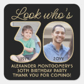 ルックフーズサーティブラックアンドゴールドバースデーパーティー2フォト スクエアシール (正面)
