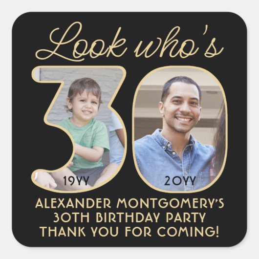ルックフーズサーティブラックアンドゴールドバースデーパーティー２フォト スクエアシール (正面)