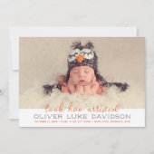 ルックホー到着オレンジフクロウベビーフォト秋誕生 案内状 (正面)