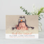 ルックホー到着オレンジフクロウベビーフォト秋誕生 案内状 (スタンド正面)