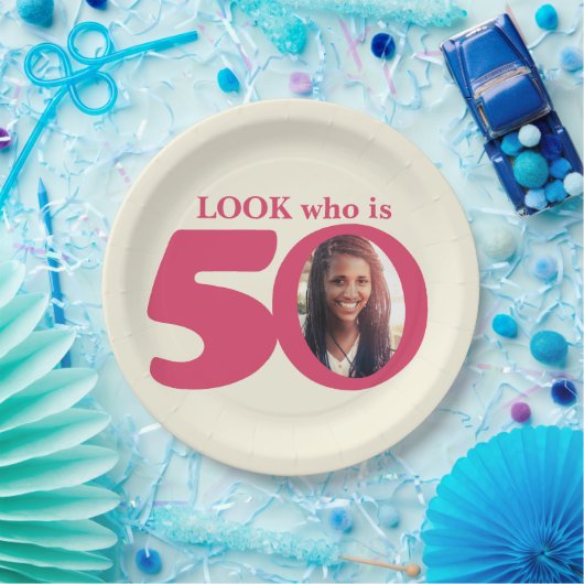 ルック50th誕生日フォトクリームピンク紙プレート ペーパープレート (パーティー)