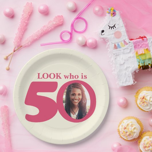 ルック50th誕生日フォトクリームピンク紙プレート ペーパープレート (パーティー)