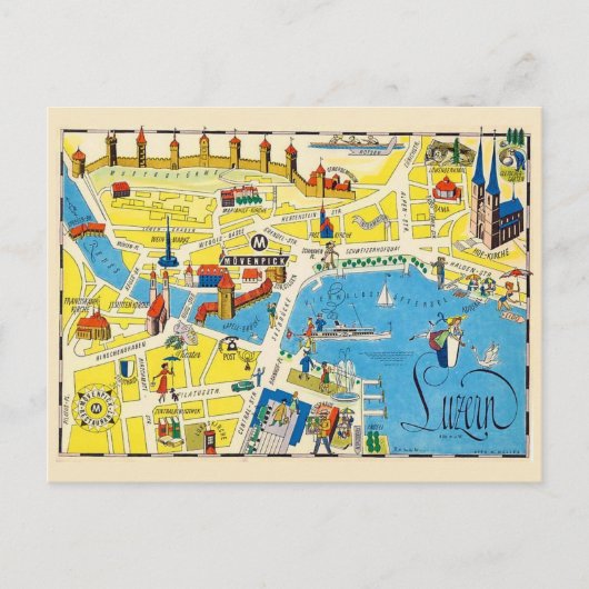 ルツェルン スイス カラフル マップ ポストカード (正面)