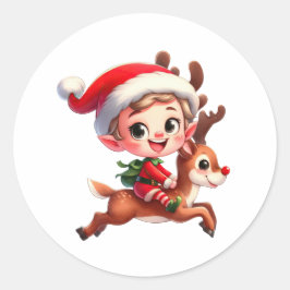 ルドルフに乗る可愛いクリスマス小妖精や小人 ラウンドシール
