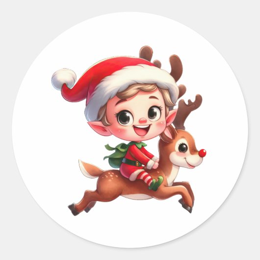 ルドルフに乗る可愛いクリスマス小妖精や小人 ラウンドシール (正面)