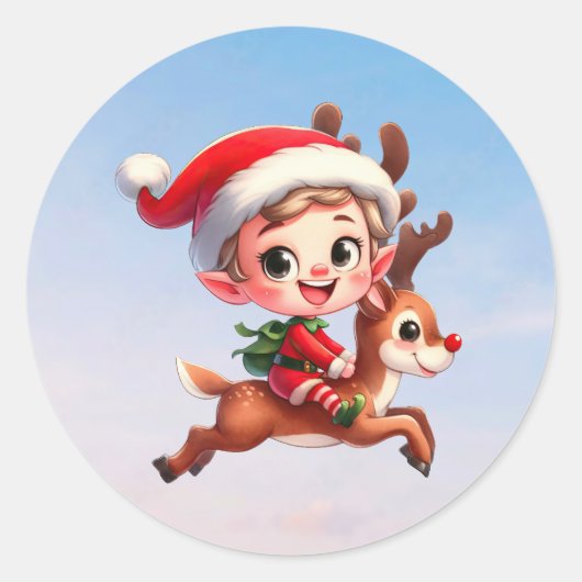 ルドルフに乗る可愛いクリスマス小妖精や小人 ラウンドシール (正面)
