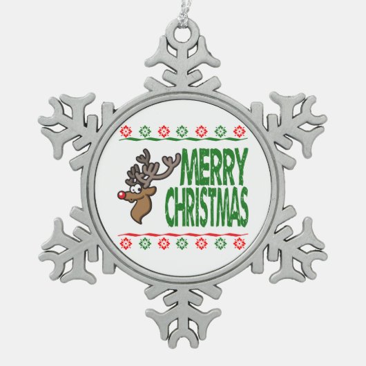 ルドルフのシカのメリークリスマスの醜いセーターのオーナメント スノーフレークピューターオーナメント (正面)