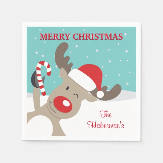 ルドルフパーソナライズされたトナカイとキャンディーケーン スタンダードカクテルナプキン (正面)