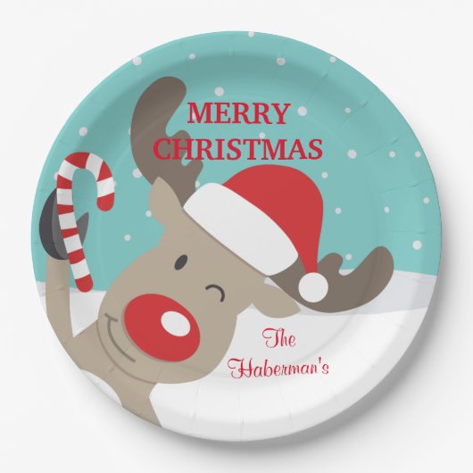 ルドルフパーソナライズされたトナカイとキャンディーケーン ペーパープレート (正面)