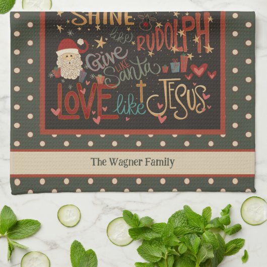 ルドルフ霜の降りたサンタパーソナライズされたイエスクリスマス キッチンタオル (折り畳み)