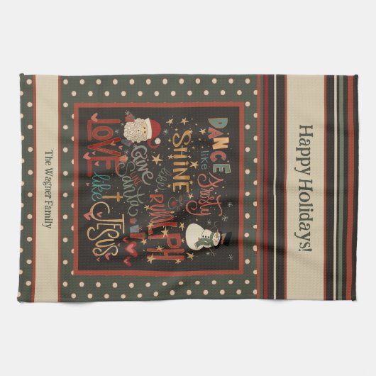 ルドルフ霜の降りたサンタパーソナライズされたイエスクリスマス キッチンタオル (横)