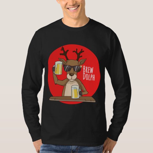 ルドルフ・ブルドルフ・トナカイおもしろいービールクリスマスクリスマスCr Tシャツ (正面)