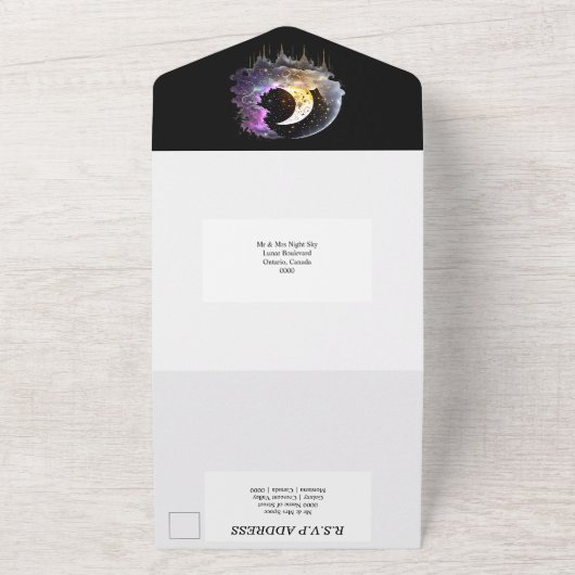 ルナの満月の三日月天の神秘的エレガントな オールインワン招待状 (外側)