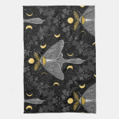 ルナガの蛾、月の相とツタのダマスクパターン キッチンタオル (縦)