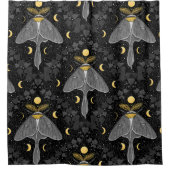 ルナガの蛾、月の相とツタのダマスクパターン シャワーカーテン (正面)