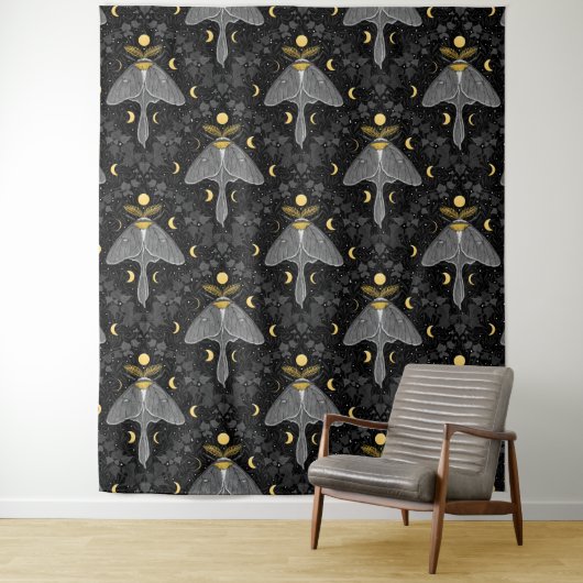 ルナガの蛾、月の相とツタのダマスクパターン タペストリー (インサイチュ)