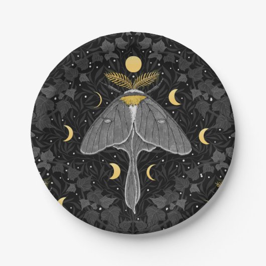 ルナガの蛾、月の相とツタのダマスクパターン ペーパープレート (正面)