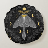 ルナガの蛾、月の相とツタのダマスクパターン ラウンドクッション (裏面)