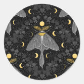 ルナガの蛾、月の相とツタのダマスクパターン ラウンドシール (正面)