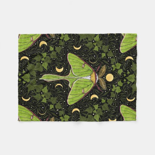 ルナガの蛾、月相とツタのダマスク2 フリースブランケット (正面(横))