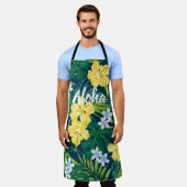 ルナハイビスカスガーデンハワイアン – イエロー&ネイビー エプロン (着用した状態)