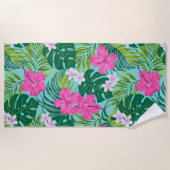 ルナハイビスカスガーデンハワイアン – ピンク&ターク ビーチタオル (正面)