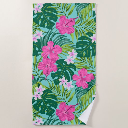 ルナハイビスカスガーデンハワイアン – ピンク&ターク ビーチタオル (正面)