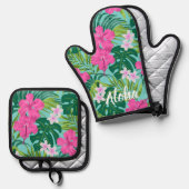 ルナハイビスカスガーデンハワイアン – ピンク&ターク 鍋つかみ&鍋敷きセット (正面/裏面)