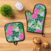 ルナハイビスカスガーデンハワイアン – ピンク&ターク 鍋つかみ&鍋敷きセット (トップダウン)