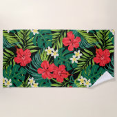 ルナハイビスカスガーデンハワイアン – 赤と黒 ビーチタオル (正面)