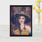 ルネさんの猫グリーティングカード付きハロウィン魔女 カード (黄色い花)