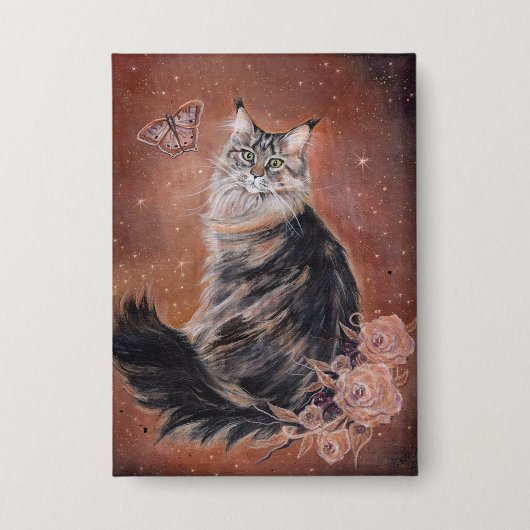 ルネによる花とメインクーンの猫の芸術 缶バッジ (正面)