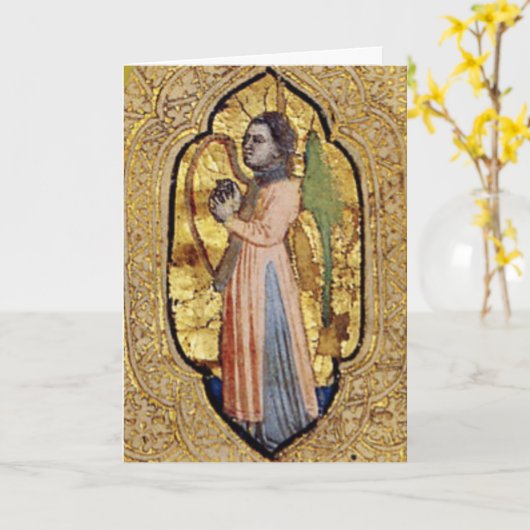 ルネサンス期の天使の細密画 ハープを持つ中世の金色の天使 カード (黄色い花)