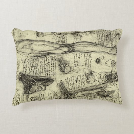 ルネサンス期の巨匠 レオナルド・ダ・ヴィンチ ヴィンテージ 人体解剖図 喉頭 下肢 アクセントクッション (正面)