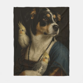 ルネサンス風の犬とオカメインコの絵柄が面白いブランケット フリースブランケット
