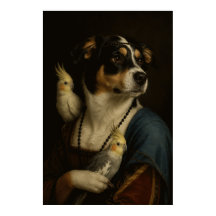 ルネサンス風の犬とオカメインコの面白い絵画ポスト