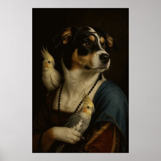 ルネサンス風の犬とオカメインコの面白い絵画ポスト ポスター (正面)