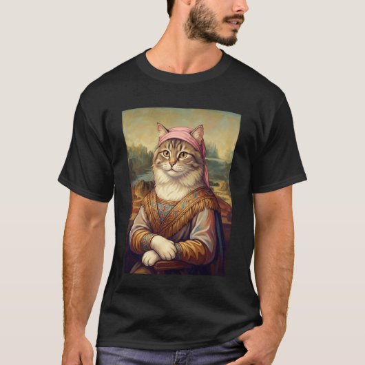 ルネサンス風猫の肖像画デザイン 高貴な中世ファン Tシャツ (正面)