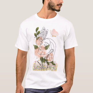 ルネサンス フラワー - 顔と蝶 Tシャツ