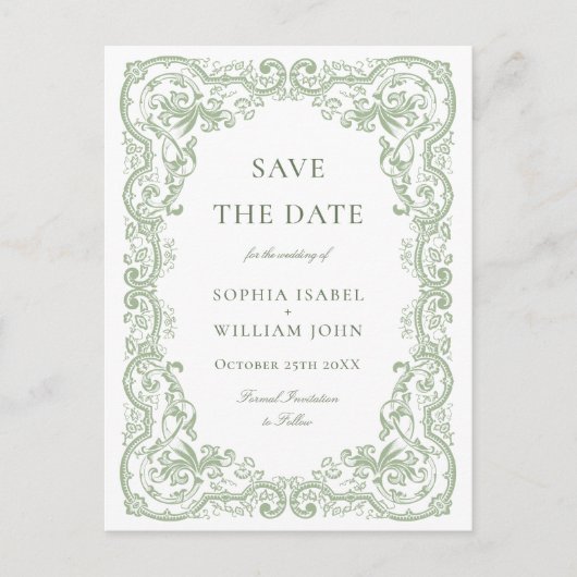 ルネッサンス華美グリーンウェディングSave the Date ポストカード (正面)