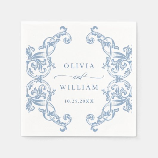 ルネッサンス華美スダスティブルーフローラ結婚ズ スタンダードカクテルナプキン (正面)