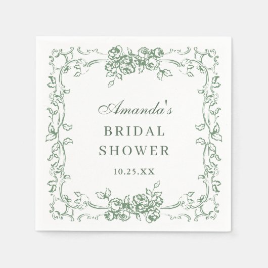 ルネッサンス華美セージグリーンフローラブライダルシャワー スタンダードカクテルナプキン (正面)