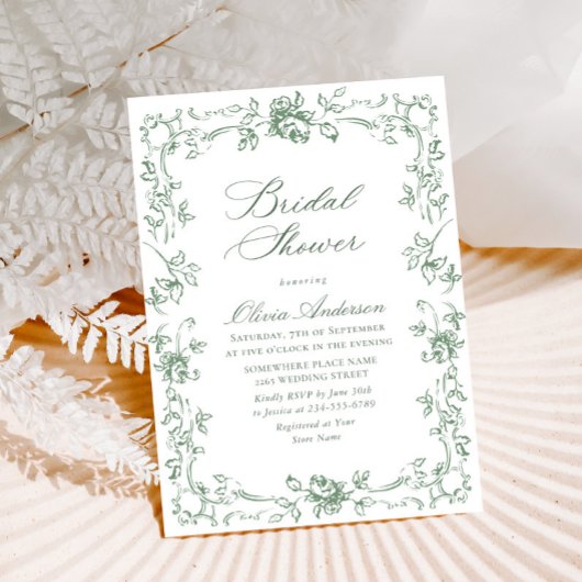 ルネッサンス華美セージグリーンフローラブライダルシャワー 招待状